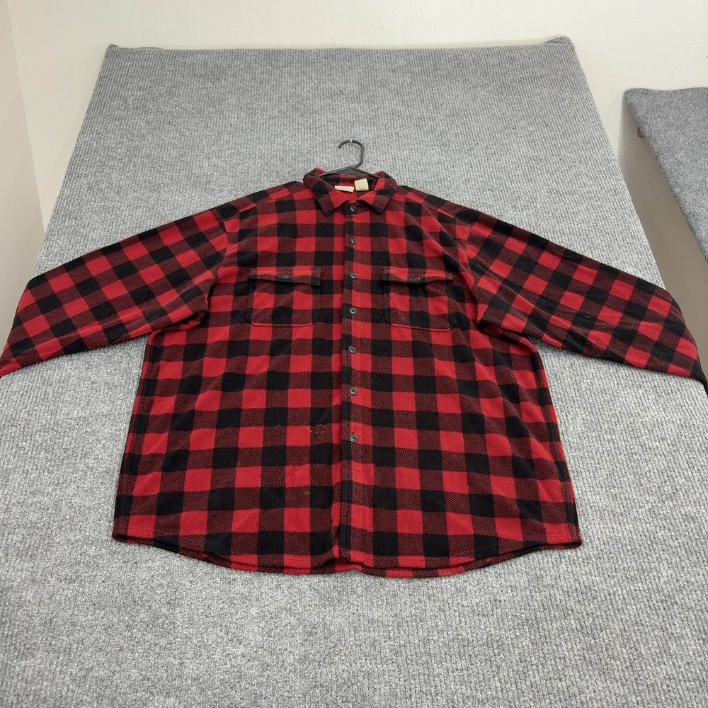 L.L. Bean Button Up Mens XL Red Polyester Buffalo Check Plaid Fleece Casual
